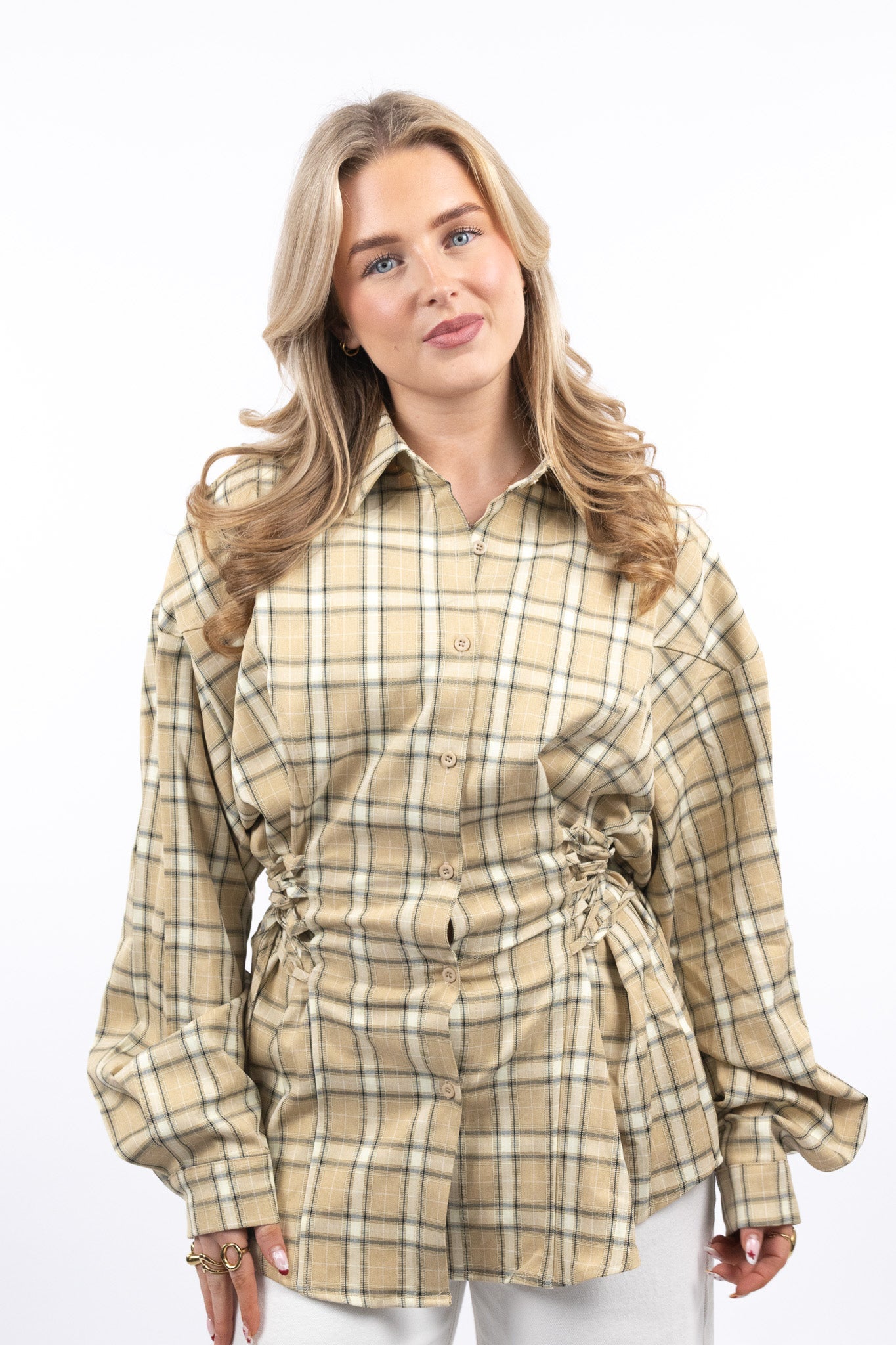 Waist-Tie Plaid Blouse