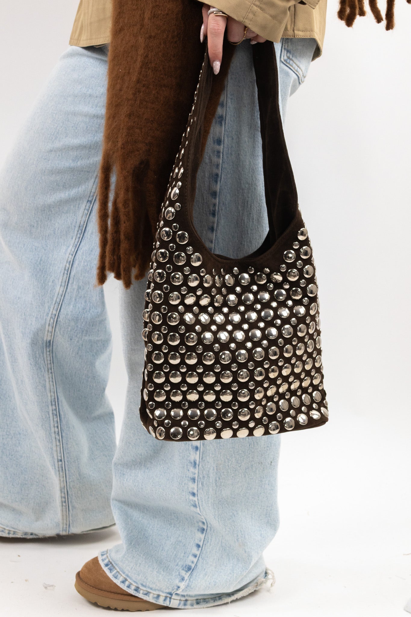 Studded Suede Shoulder Bag