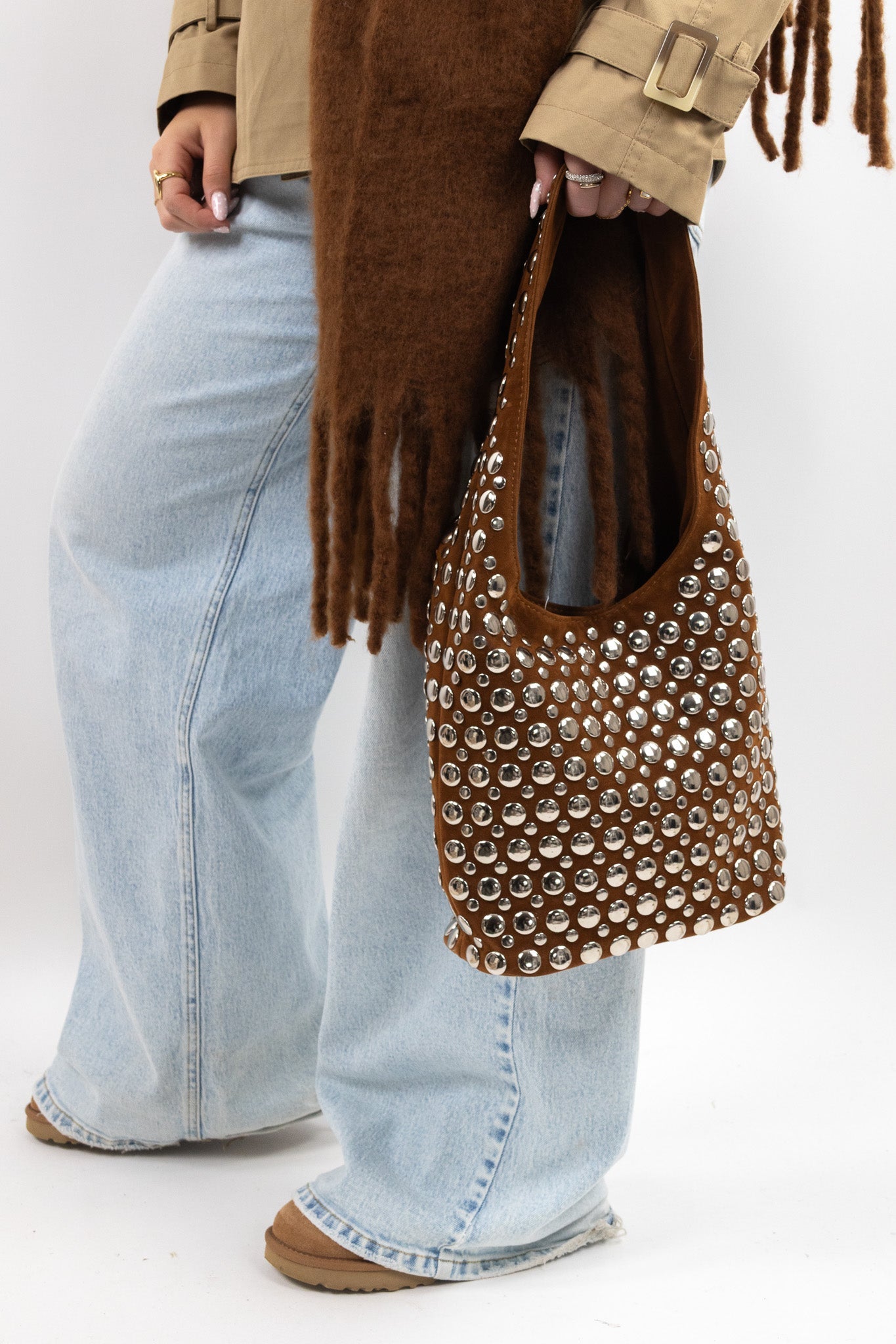 Studded Suede Shoulder Bag